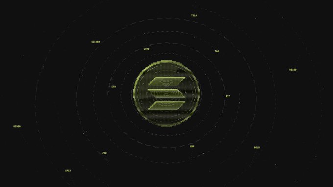 A dark graphic featuring a central golden Solana (SOL) logo surrounded by concentric dotted orbital rings labeled with various cryptocurrency tickers including TELA, SILVER, RVF, TAG, VEOR, BTC, STX, ZEC, APCX, DOOH, and ETH.