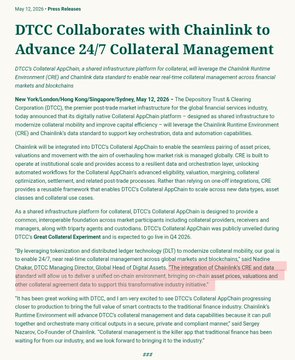 A news article dated May 12, 2025, with the headline "DTCC Collaborates with Chainlink to Advance 24/7 Collateral Management," announcing a partnership involving DTCC, Chainlink, and major financial institutions like JPMorgan, Goldman Sachs, and BNY Mellon to modernize collateral infrastructure, aligning with the post's announcement about the shift to T+0 24/7 settlement of US markets powered by the Chainlink Runtime Environment.