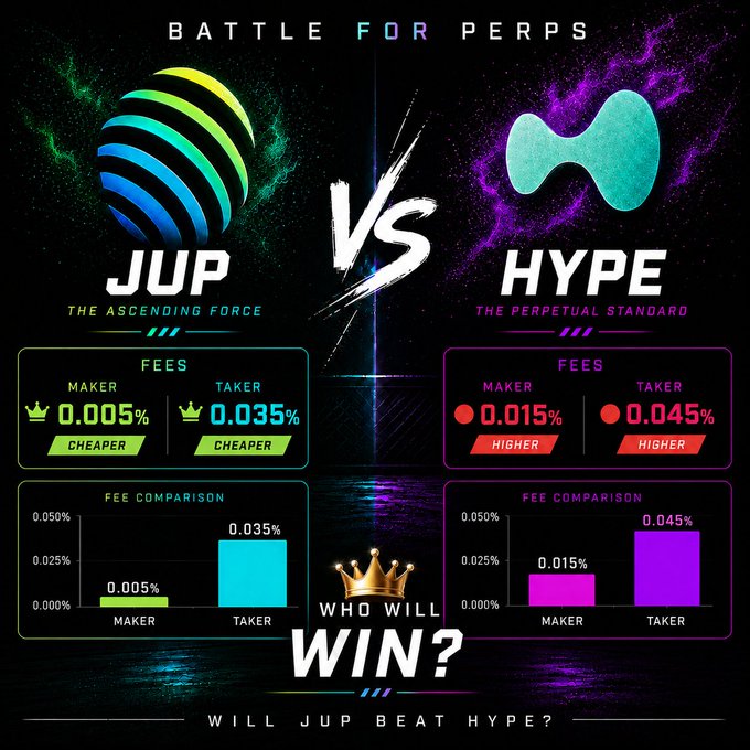 A 'BATTLE FOR PERPS' comparison graphic between JUP (maker 0.005%, taker 0.035%, cheaper) and HYPE (maker 0.015%, taker 0.045%, higher), asking 'WHO WILL WIN? WILL JUP BEAT HYPE?'
