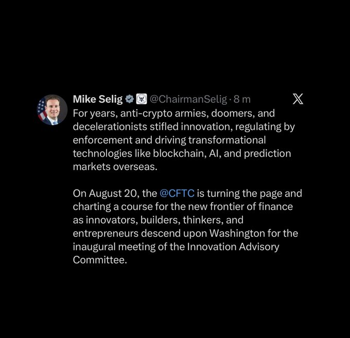 A tweet from Mike Selig (@ChairmanSelig) discussing anti-crypto regulation and announcing that the @CFTC will host the inaugural meeting of the Innovation Advisory Committee on August 20.