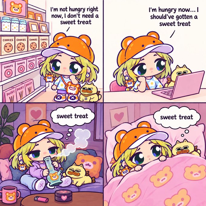 A four-panel chibi-style comic featuring a girl in a bear hat and her frog plushie, showing her passing on a treat in a shop, regretting it while gaming, vaping on the couch, and dreaming about it in bed—all daydreaming 'sweet treat'.