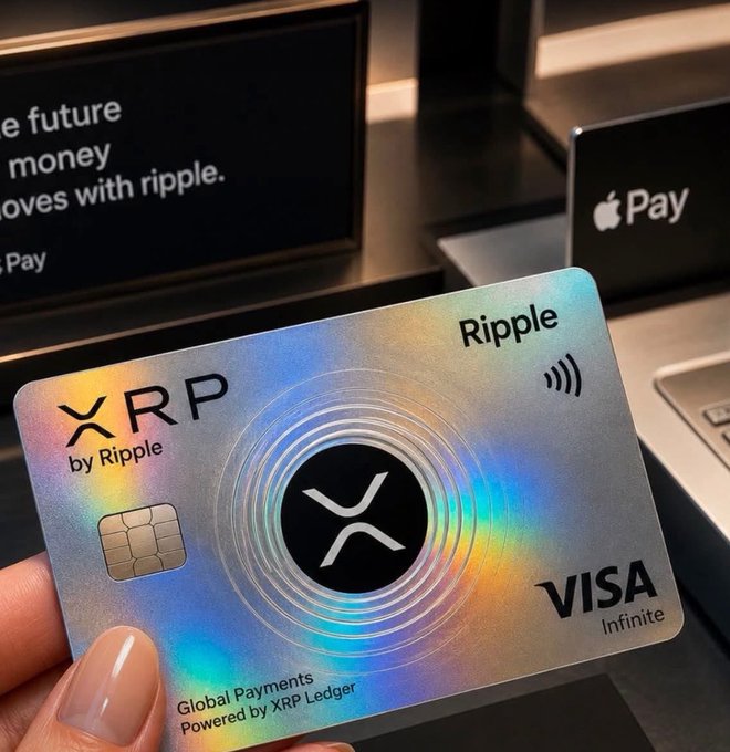 A hand holds a holographic XRP by Ripple Visa Infinite credit card, with an Apple Pay sign and 'the future of money moves with ripple' sign visible in the background.