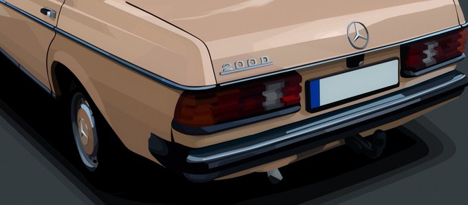 A digital illustration of the rear of a vintage beige Mercedes-Benz 200D sedan with a blank license plate.