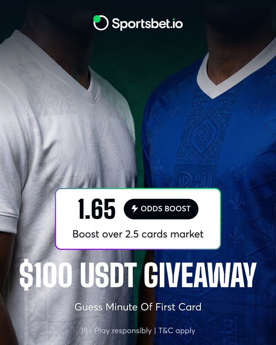 A Sportsbet.io promotional graphic featuring two soccer players in white and blue jerseys, advertising a $100 USDT giveaway where users predict the minute of the first card in USA vs Bosnia, with a boosted 1.65 odds offer on over 2.5 cards market.