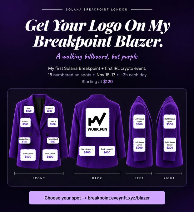 A purple promotional poster for 'Solana Breakpoint London' advertising spots on a 'Breakpoint Blazer' jacket, showing pricing for various placements including 'Lapel L $200', 'Chest L $500', and 'Back Center $120' with 'WURK.FUN' logo on the back.