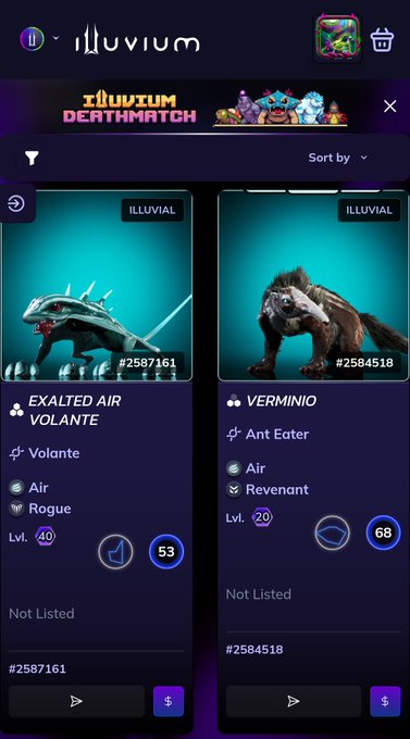 The image shows a phone screen displaying two lists of items, one titled "Exalted Air" and another called "Vendor", both with purple text against a blue background. The first list contains three items, while the second has four items. The posts are related to a game called "Day 1! Illuvium" on an online gaming platform, where players can find updates or upgrades for their characters in Deathmatch.