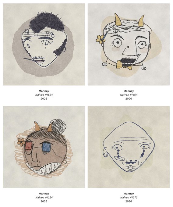 Four quirky hand-drawn character illustrations by 'Mannay' labeled as 'Naives' from 2026 (#1894, #1404, #1324, #1273), featuring rough sketch-style faces with horns, flowers, and exaggerated features.