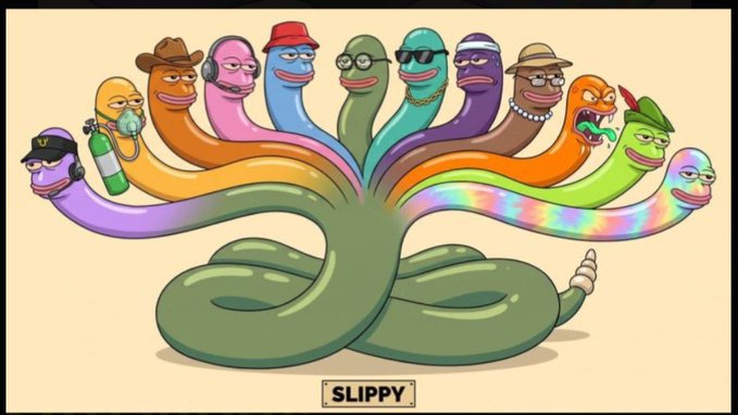 A cartoon illustration titled 'SLIPPY' depicting a multi-headed snake-like creature where each colorful head represents a different character's personality or alter ego, including figures wearing a cowboy hat, gas mask, red cap, sunglasses, and other accessories.