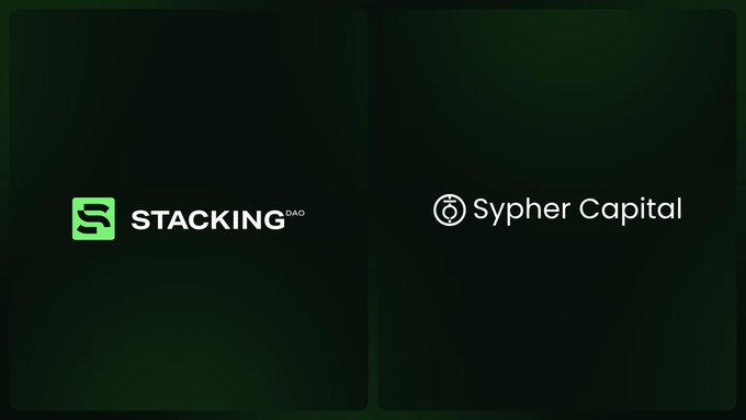 Two dark green panels displaying logos: the left shows the "STACKING DAO" logo with a green 'S' icon, and the right shows the "Sypher Capital" logo with a circular icon.