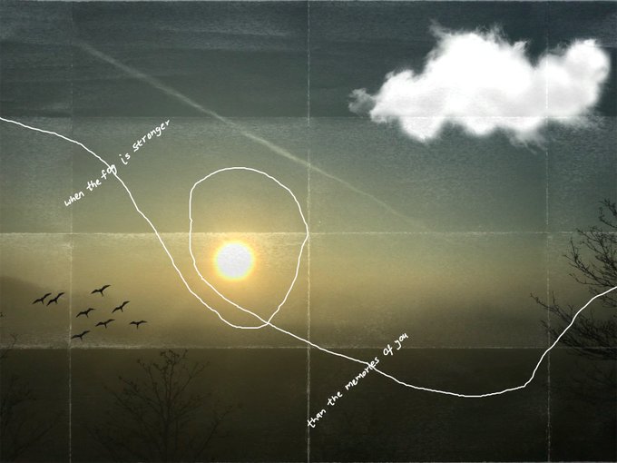 An artistic landscape shows a sunset with a circled sun and birds flying, featuring handwritten text reading 'when the stop is stronger' and 'then the movement of you' along a drawn line.