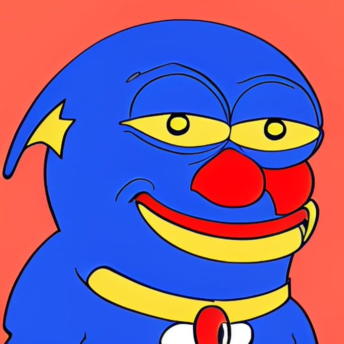 A cartoon illustration of a blue creature with yellow eyes, a red nose, and a yellow collar against a coral background.