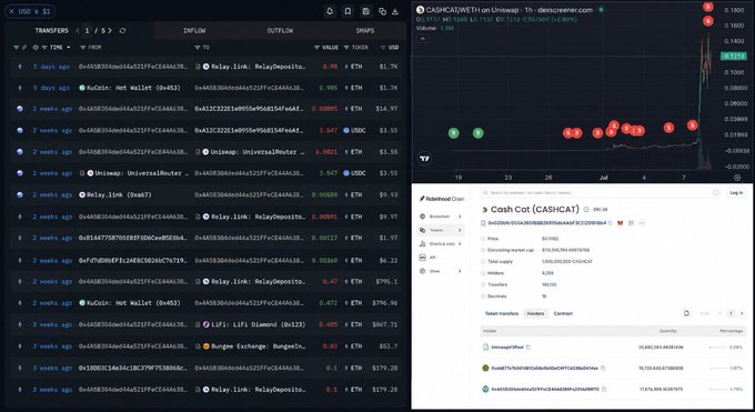 A crypto transaction tracker interface showing multiple wallet transfers in USD, ETH, and other tokens with addresses linked to usernames like 'OxUGS', 'Uniswap', and 'LIFI', alongside a DexScreener chart for 'CASHCA7WETH on Uniswap' showing CASHCAT price action at 0.1511.