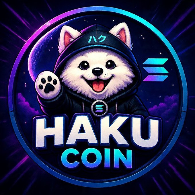 A cartoon Shiba Inu dog wearing a hoodie with Japanese katakana "ハク" (Haku) waves cheerfully against a cosmic purple backdrop, beneath bold "HAKU COIN" branding and a Solana-style logo, capturing the meme coin's playful, community-driven energy teased in the post.