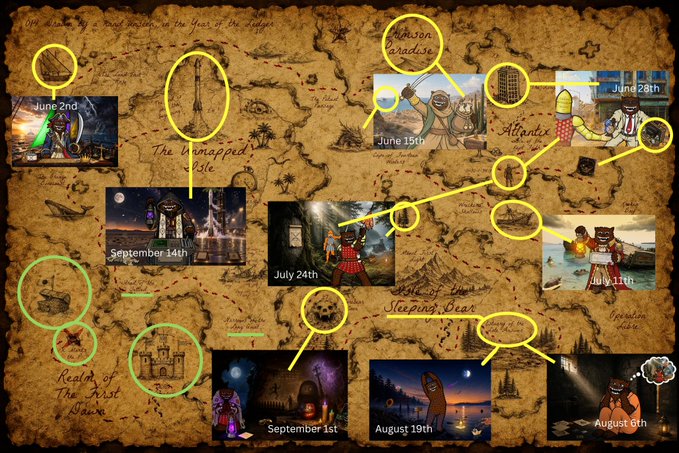 The image is an annotated "Fuzzy Map" from what appears to be a Roblox ARG, with user-drawn yellow and green circles highlighting regions like "Realm of The Frost Divine," "The Unmapped Isle," "Atroxix," and "Sleeping Bear," alongside dated image insets (June 2nd, June 15th, June 28th, July 11th, July 24th, August 6th, August 19th, September 1st, September 14th) tracking the progression of puzzle posts, suggesting the poster has mapped clue locations to predict remaining posts in Phase II.