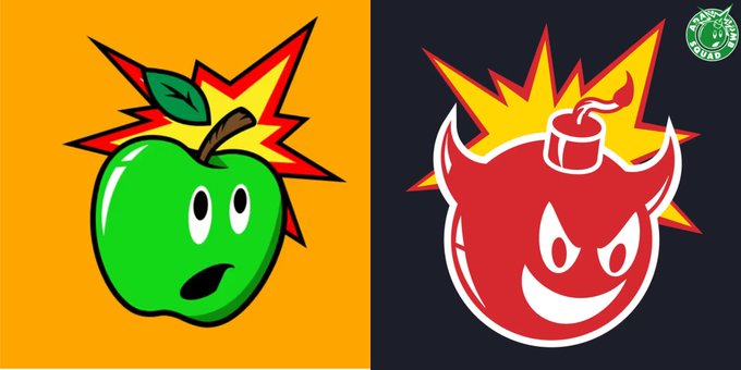 Two cartoon mascots side by side: a shocked green apple on a yellow background and an angry red devil bomb character on a dark background, with a 'Tako Guru' logo in the corner.
