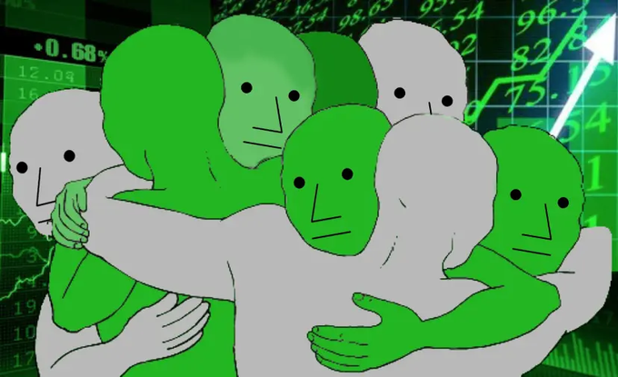 An illustration of green and white faceless humanoid figures embracing, set against a background of stock market numbers and an upward-pointing arrow.