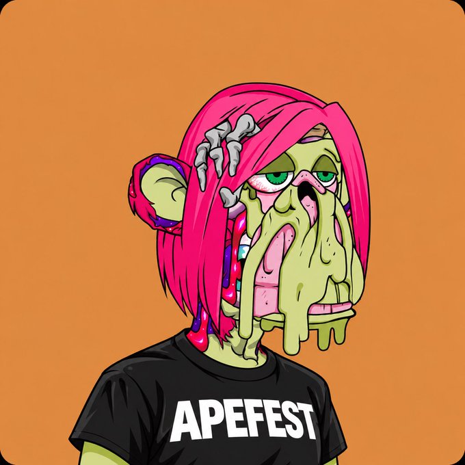 A cartoon illustration of a green zombie-like ape with pink hair and skull hair clips, wearing a black t-shirt labeled 'APEFEST'.