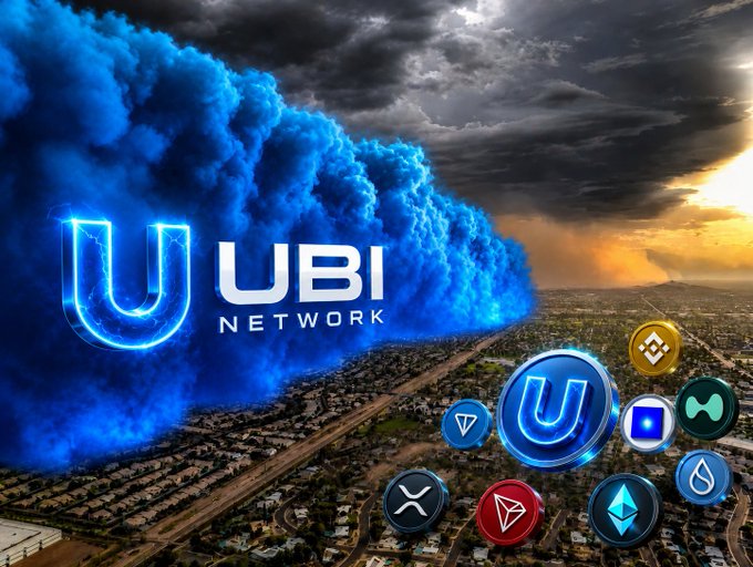 The image displays the "UBI Network" logo emerging from dramatic blue storm clouds above a sprawling cityscape, surrounded by various cryptocurrency icons including Bitcoin and Ethereum, visually reinforcing the post's metaphor of a new network rising on the horizon amid market turbulence to lead the next era of the crypto ecosystem.
