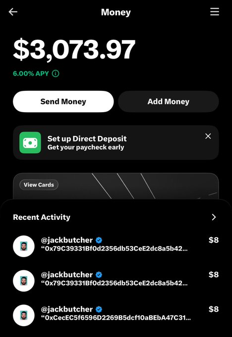 A mobile banking app screen displays a balance of $3,073.97 with 6.00% APY, showing recent $8 transactions to @jackbutcher.