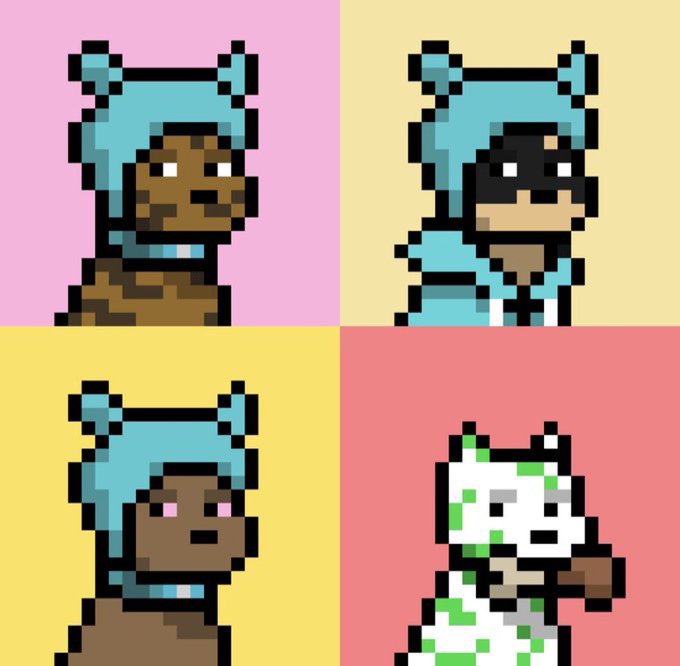 Four-panel pixel art image showing different characters with cyan bear hoods on pastel backgrounds: a brown character, a character with black hair, a character with pink eyes, and a green dinosaur.