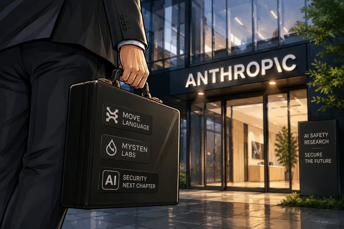 An illustration of a businessman holding a briefcase labeled with company logos including 'MOVE LANGUAGE', 'MYSTEN LABS', and 'AI SECURITY NEXT CHAPTER' in front of an 'ANTHROPIC' office building.