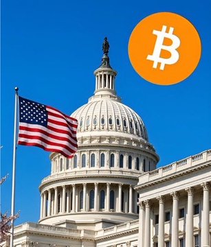 The image shows the U.S. Capitol building with an American flag waving in front of it, alongside an orange Bitcoin symbol overlay, visually linking the cryptocurrency to ongoing U.S. legislative action referenced in the post about the "Clarity Act" and the distinction between a procedural vote and final passage.