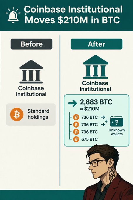 An infographic titled 'Coinbase Institutional Moves $210M in BTC' showing standard holdings before and after, with 2,883 BTC (~$210M) split into four transactions being moved to unknown wallets.
