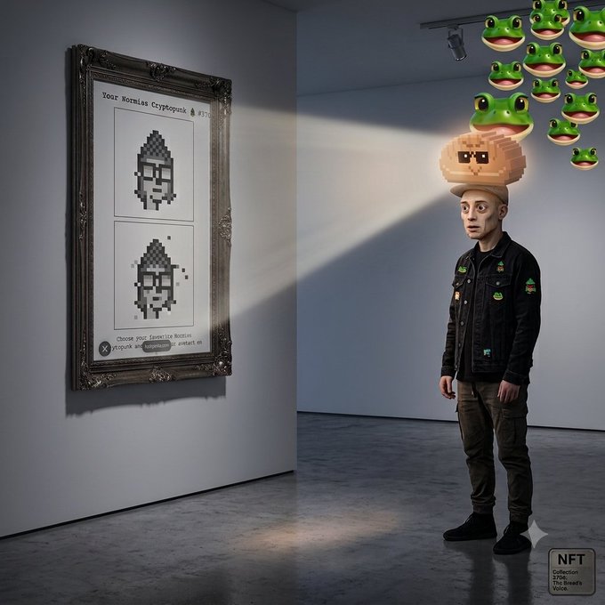 A person stands in a gallery wearing a Pepe the Frog hat with a brick of smiles on top, facing a framed NFT display titled 'Yoor Normies Cryptopunk #'XXXX' showing two pixelated face options, with frog emojis floating in the upper right corner.
