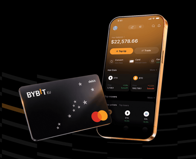 A sleek smartphone displays a Bybit EU app interface showing a balance of $22,578.66 along with hot coins ETH and BTC prices, while a black Bybit EU debit card with Mastercard logo and star design is positioned in the foreground, visually representing the trading platform and crypto-friendly card offering promoted in the post.