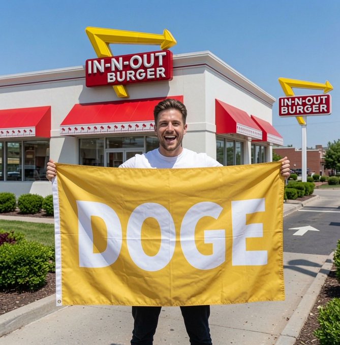 The image features a man standing outside an In-N-Out Burger restaurant holding up a yellow flag with white text that says "DOGE" written in bold letters. The man appears to be smiling, possibly posing for a photo or celebrating something related to the Dogecoin coinage. The post also mentions that In-N-Out Burger is considering accepting Dogecoin as payment before McDonald's and Burger King.