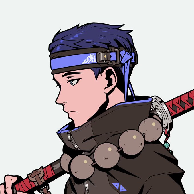 Anime-style profile portrait of a dark-haired character wearing a blue headband with the kanji 虎 (tiger), a beaded necklace, and carrying a red-wrapped sword.