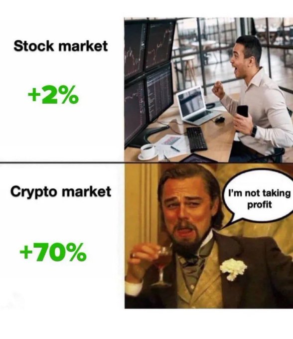 A comparison meme showing the stock market celebrating a modest "+2%" gain versus the crypto market dismissing a massive "+70%" gain, captioned "I'm not taking profit." The post's phrase "Let me take screenshot instead of profit" humorously captures the crypto trader's mindset of celebrating unrealized gains with screenshots rather than cashing out.