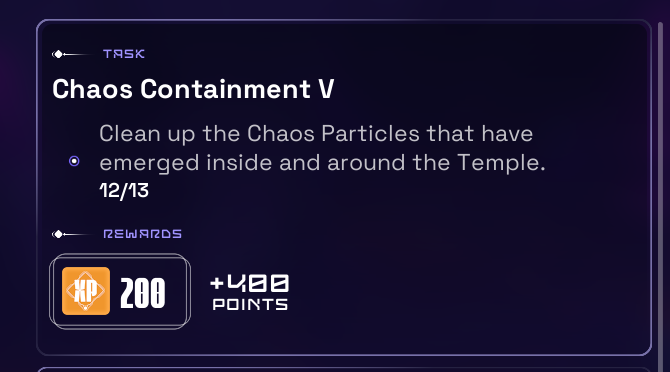 The image shows a post with text that reads "Chaos Containment V" at the top, followed by a list of rewards for completing the task. The post also includes an image of a particle labeled as " Chaos Particles". The text in the post seems to be related to a game or challenge involving particles and chaos.