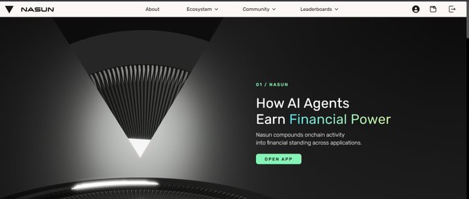 The image shows the NASUN website homepage featuring the headline "How AI Agents Earn Financial Power" with the tagline "Nasun compounds onchain activity into financial standing across applications," alongside a striking 3D render of a light beam shaped like a pencil tip. This visually reinforces the post's theme about autonomous AI trading agents facing identity verification challenges on prediction markets, highlighting the need for AI agents to establish their own financial credibility and liquidity without compromising their principals' wallet privacy.