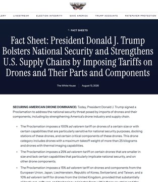 The image is a White House Fact Sheet from August 2026 announcing President Donald Trump's Proclamation imposing tariffs on unmanned aircraft systems (drones) and their parts/components, citing national security concerns about reliance on foreign-made drones—particularly from China—and noting drones from specific countries like Iran, Liechtenstein, Switzerland, and Taiwan. The document relates to the user's post about $REDCAT/$RCAT by highlighting Trump's recent trade actions aimed at bolstering the U.S. drone supply chain, which underpins the investment narrative for the small-cap drone stock.