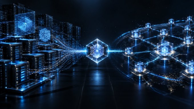 A digital artwork depicting a futuristic blue-toned cityscape with glowing holographic cubes connected by light streams, featuring a central hexagon with a globe pattern on a reflective surface.