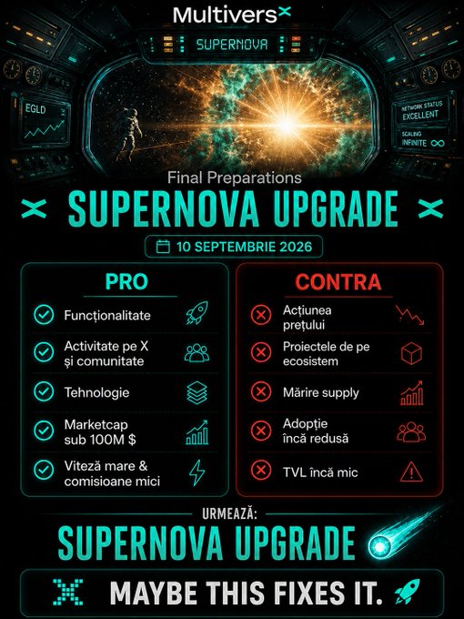 The image is a "MultiversX Supernova Upgrade" promotional graphic dated September 10, 2026, showing a futuristic spaceship cockpit view of a stellar explosion with PRO (Functionality, X community activation, sub-$100M market cap) and CONTRA (price action, ecosystem projects, supply, adoption, TVL) bullet points, ending with the tagline "MAYBE THIS FIXES IT." It relates to the post by highlighting a hopeful upcoming upgrade for MultiversX (EGLD) enthusiasts amid current project challenges, suggesting the Supernova release could address the listed concerns.