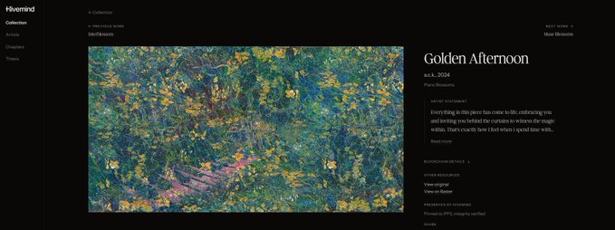 A webpage on Hivewind displaying 'Golden Afternoon', an a.l.l. 2024 piano blossoms artwork with a description reading 'Everything in this piece has come to life, embracing you and inviting you behind the curtains to witness the magic within.'