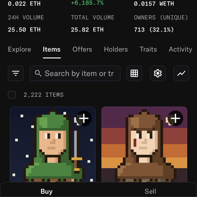 A dark-themed NFT marketplace screenshot displaying item statistics including '0.022 ETH' floor price and '25.50 ETH' 24H volume, with pixel art characters visible in the 'Buy' and 'Sell' sections.