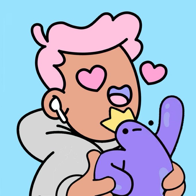A cartoon illustration of a pink-haired character with heart-shaped eyes kissing a yellow star while hugging a purple creature, set against a light blue background.