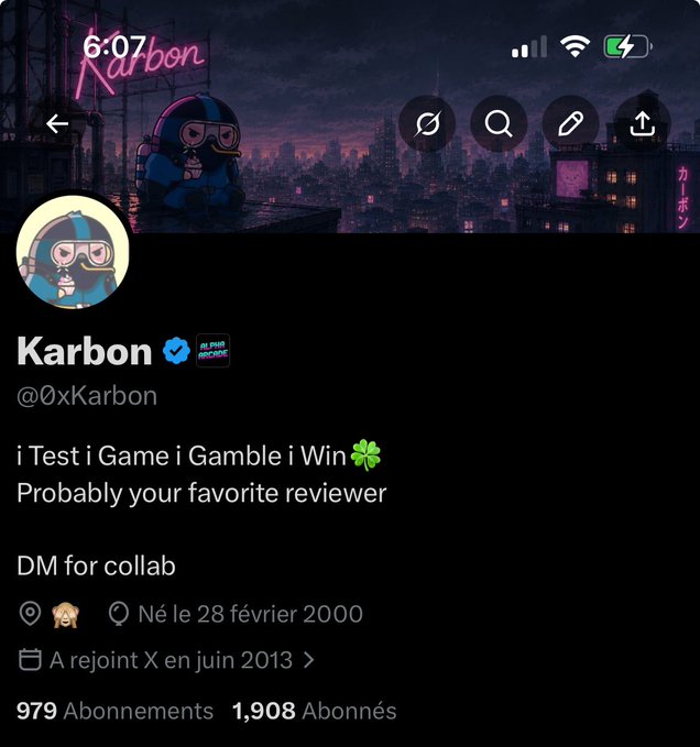 The image shows a Twitter post with a black background featuring a cartoon character wearing glasses and a hat. The post includes text that reads "KARON" and "Test I Game i Gamble i Win". It also mentions a link to a video, possibly an interview or tutorial related to the game. The post is accompanied by a list of numbers and names, which could be followers' names or other relevant information about the account.