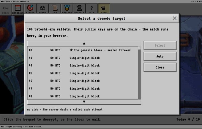 A dialog box titled "Select a decode target" displays a list of 100 Satoshi-era Bitcoin wallets, each containing 50 BTC, with the genesis block (#0) noted as "sealed forever" and others labeled as "Single-digit block." The interface includes Select, Auto, and Close buttons, and notes that matching runs in the browser. The image appears unrelated to the accompanying post about an MBTC Community Airdrop Campaign on the Robinhood Chain, as it depicts a Bitcoin puzzle/wallet cracking tool rather than any airdrop, NFT, or token reward content.