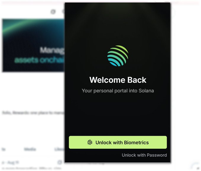 Mobile app login screen displaying 'Welcome Back' and 'Your personal portal into Solana,' with options to 'Unlock with Biometrics' or 'Unlock with Password.'