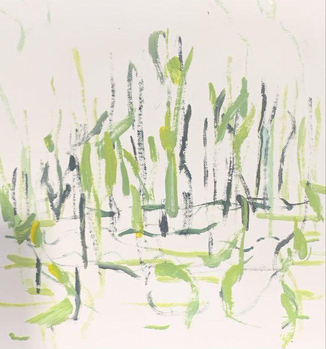 An abstract painting or sketch done with green and dark gray strokes on a white background, resembling grass or foliage.