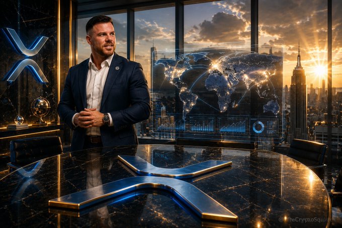 A man in a suit stands in a luxurious high-rise office with the XRP logo prominently displayed on the desk, a holographic world map, and the New York City skyline at sunset.