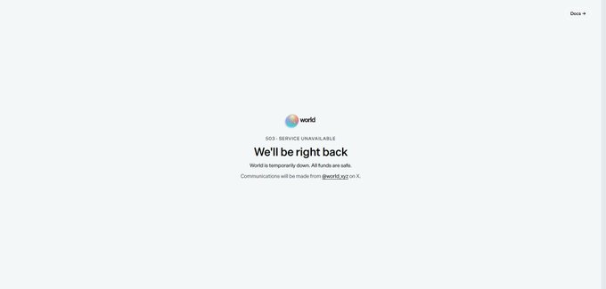 A 'world3' service unavailable page displaying a 503 error message that reads 'We'll be right back. World is temporarily down...'