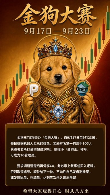 A Chinese-language promotional poster for a '金狗大赛' (Golden Dog Competition) from September 17 to September 23, featuring a crowned golden retriever holding 'P' (Pi Network) and a glasses character coin against a candlestick chart background.