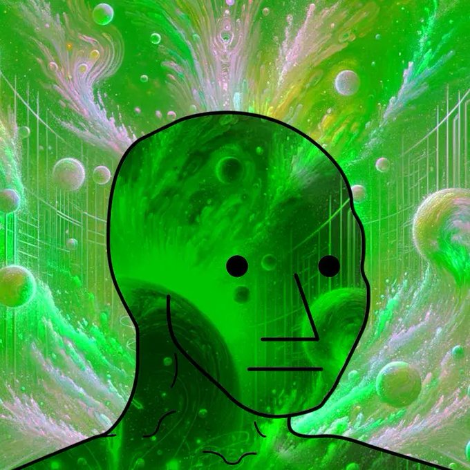 The image features a cartoon depiction of a person's head, rendered in shades of green, with a face drawn over their eyes. The background is a vibrant display of green and purple colors, creating an artistic and surreal atmosphere. The caption below the image reads "We're going to see so much green with our $NPC bags this year". This suggests that the person's head might be associated with a character or theme related to the popular video game series "$NPC", which is known for its distinctive green color scheme and imaginative world-building.