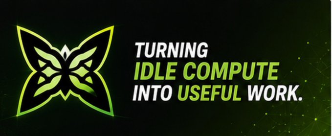 A green butterfly logo appears alongside the text "TURNING IDLE COMPUTE INTO USEFUL WORK," visually reinforcing the post's message about repurposing unused computing capacity to meet growing demand.