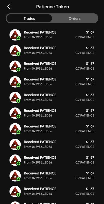 A mobile app screen titled 'Patience Token' displays a list of received PATIENCE transactions, each at $1.67 for 0.7 PATIENCE from address 0x2956...3D56.